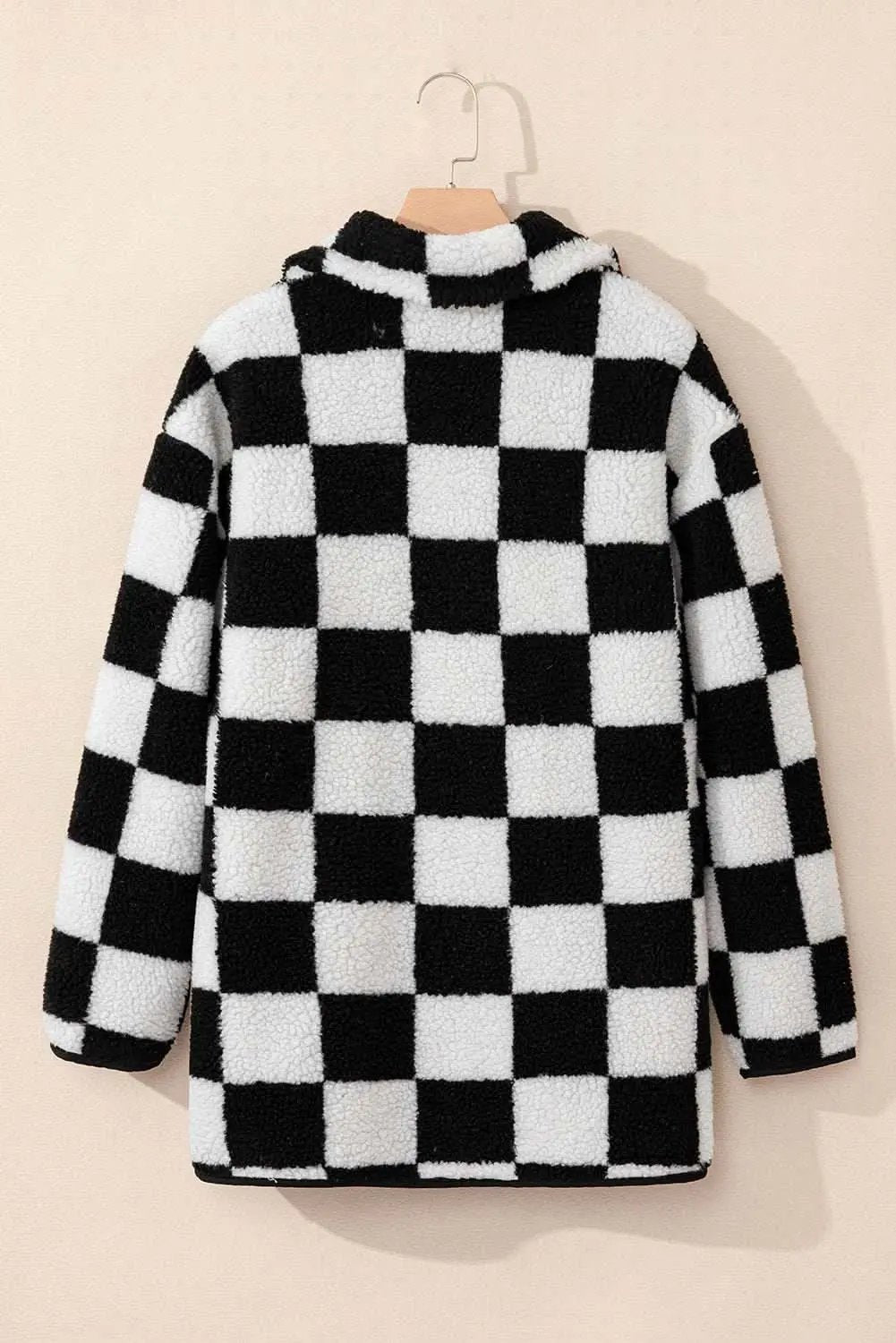 Black Checkered Side Pockets Collared Buttoned Fleece Jacket - Love Salve